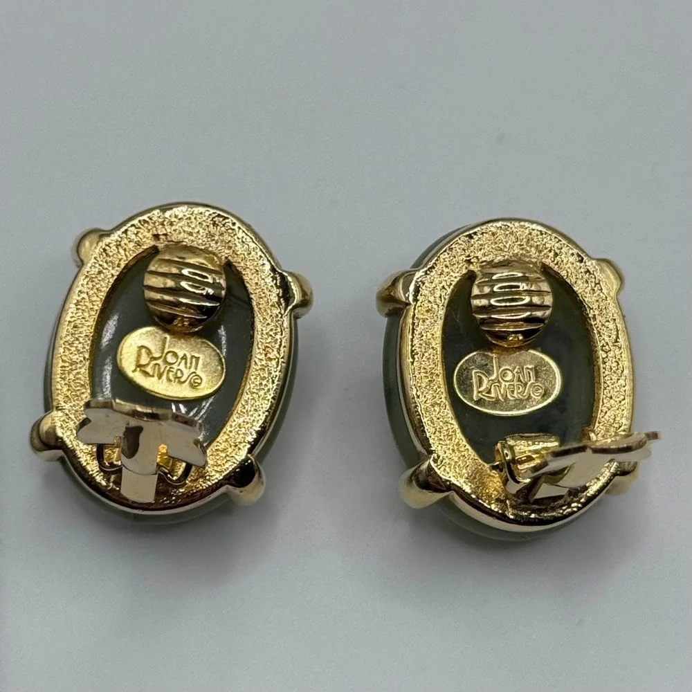 Joan Rivers Earrings Green Acrylic Cabochon Gold Tone Clip On